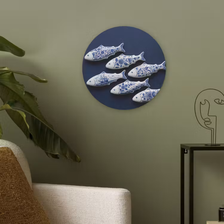Vissen - Delfts - Blauw - Keramiek Akoestische PET Vilt - Rond klein -sfeer2