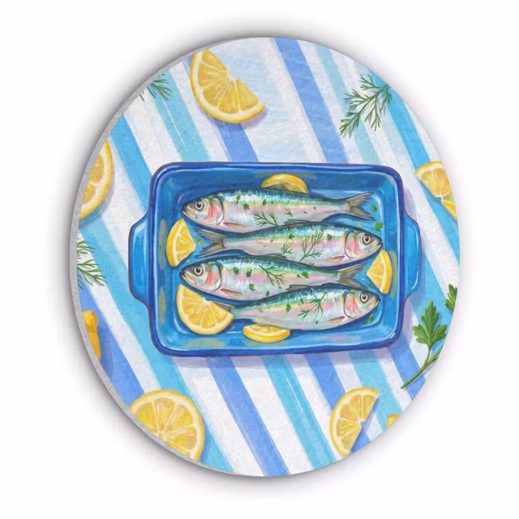 Vis - Citroen - Kruiden - Eten - Blauw Akoestische PET Vilt - Rond klein -3d