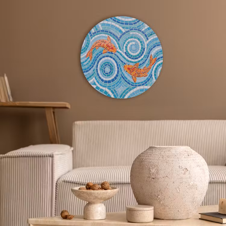 Vis - Mozaïek - Water - Decoratief - Blauw Akoestische PET Vilt - Rond klein -sfeer1