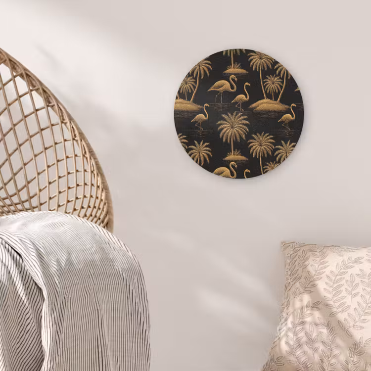 Flamingo - Palmbomen - Tropisch - Goud - Zwart Akoestische PET Vilt - Rond klein 838 -sfeer4