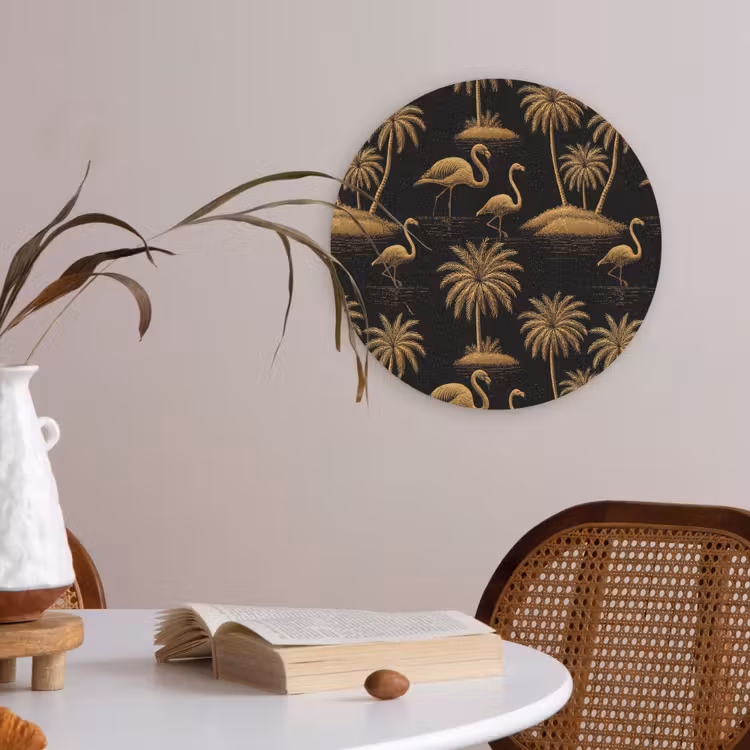 Flamingo - Palmbomen - Tropisch - Goud - Zwart Akoestische PET Vilt - Rond klein 838 -sfeer3