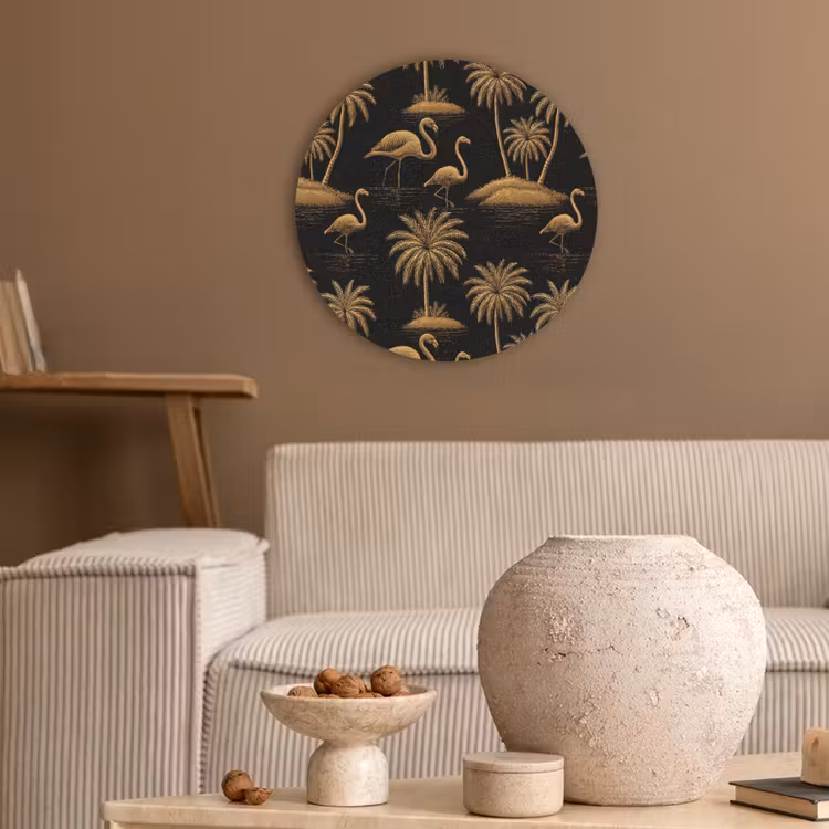 Flamingo - Palmbomen - Tropisch - Goud - Zwart Akoestische PET Vilt - Rond klein 838 -sfeer1