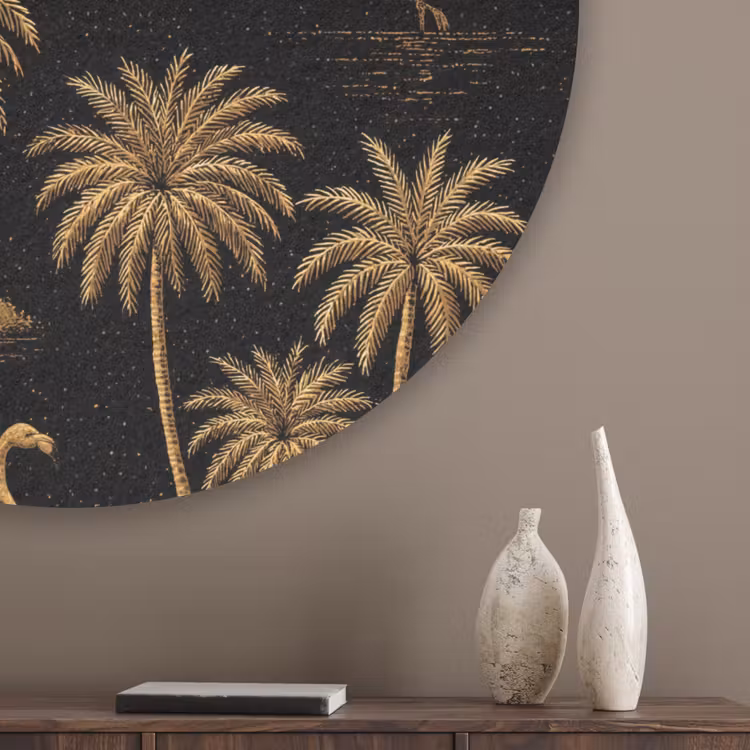 Flamingo - Palmbomen - Tropisch - Goud - Zwart Akoestische PET Vilt - Rond klein 838 -sfeer5_closeup