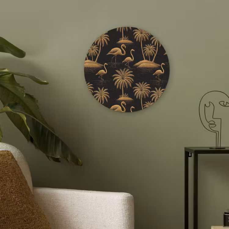 Flamingo - Palmbomen - Tropisch - Goud - Zwart Akoestische PET Vilt - Rond klein 838 -sfeer2