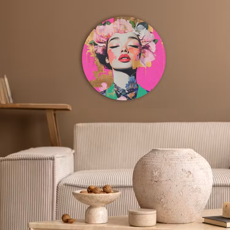 Bloemenkroon - Goud - Vrouw - Portret Akoestische PET Vilt - Rond klein -sfeer1