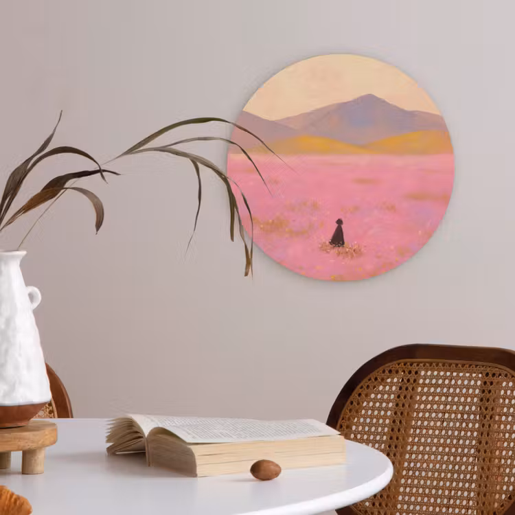 Bloemenweide - Heuvels - Silhouet - Roze Akoestische PET Vilt - Rond klein -sfeer3