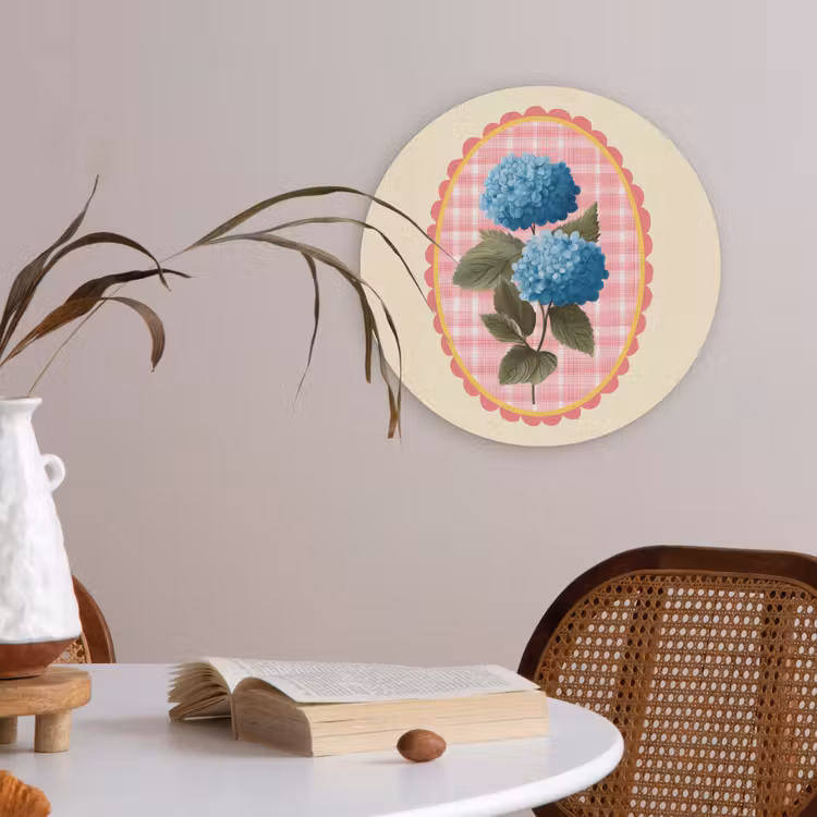 Bloemen - Blauw - Lijst - Bladeren Akoestische PET Vilt - Rond klein -sfeer3