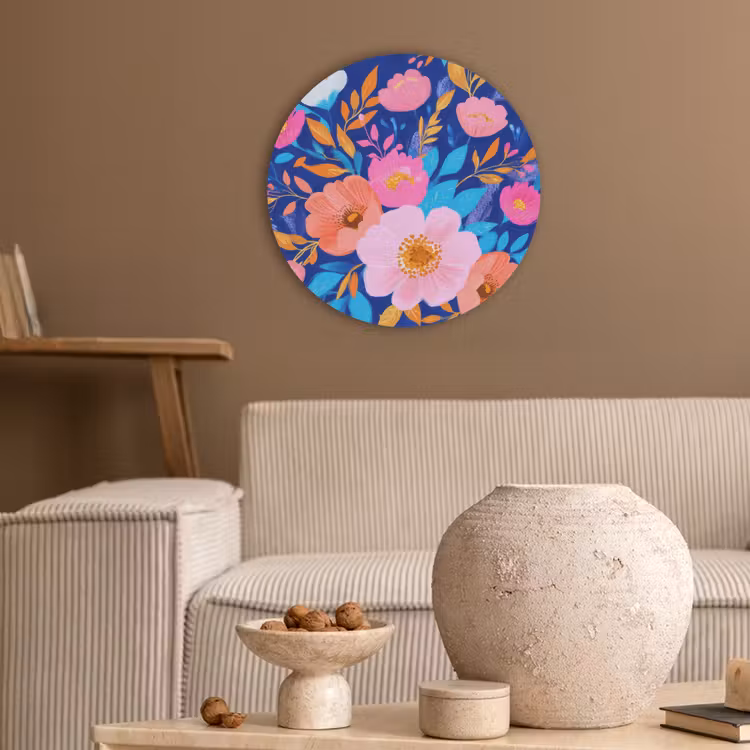 Bloemen - Blauw - Roze Akoestische PET Vilt - Rond klein -sfeer1