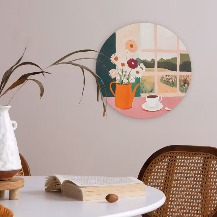 Bloemen - Koffie - Raam Akoestische PET Vilt - Rond klein -sfeer3