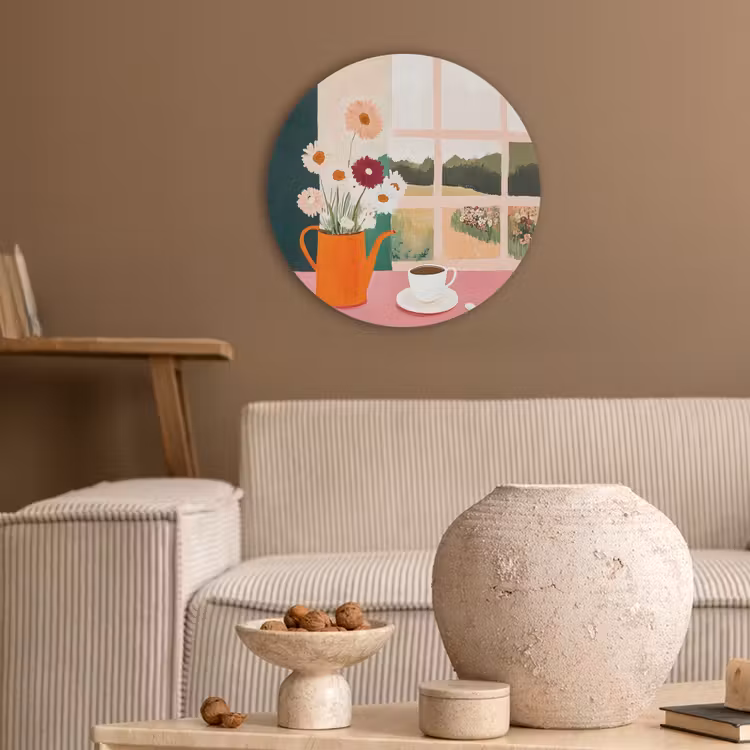 Bloemen - Koffie - Raam Akoestische PET Vilt - Rond klein -sfeer1