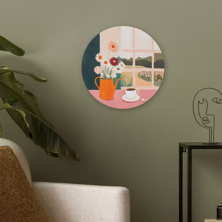 Bloemen - Koffie - Raam Akoestische PET Vilt - Rond klein -sfeer2