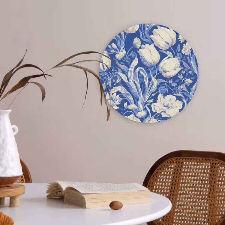 Bloemen - Delfts Blauw - Patroon - Tulp Akoestische PET Vilt - Rond klein -sfeer3