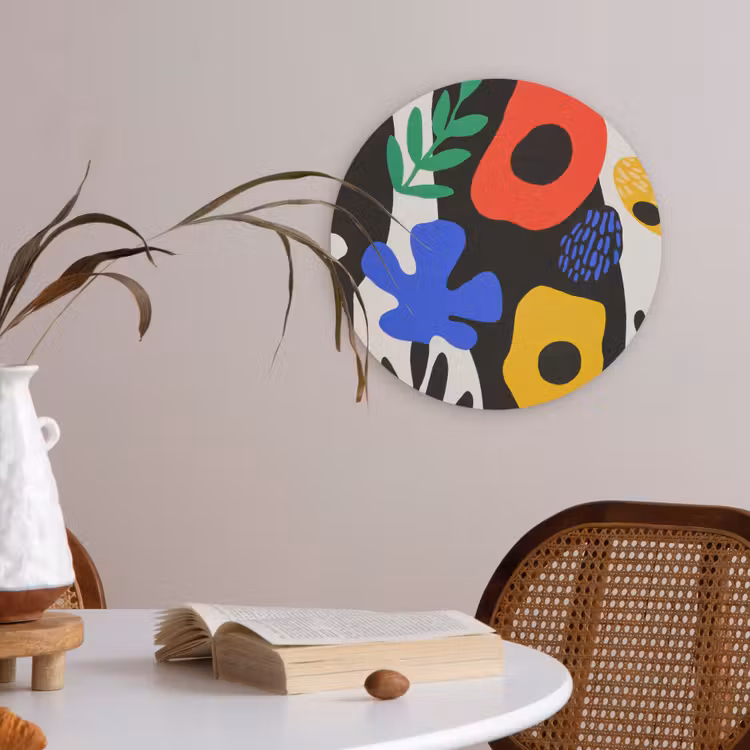 Bloemen - Bladeren - Abstract - Zwart Akoestische PET Vilt - Rond klein -sfeer3