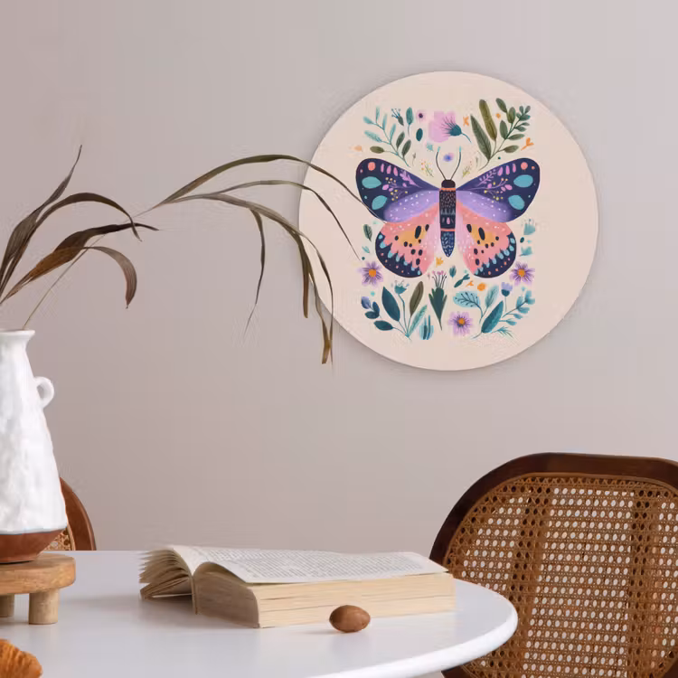 Bloemen - Bladeren - Vlinder - Kleurrijk Akoestische PET Vilt - Rond klein -sfeer3