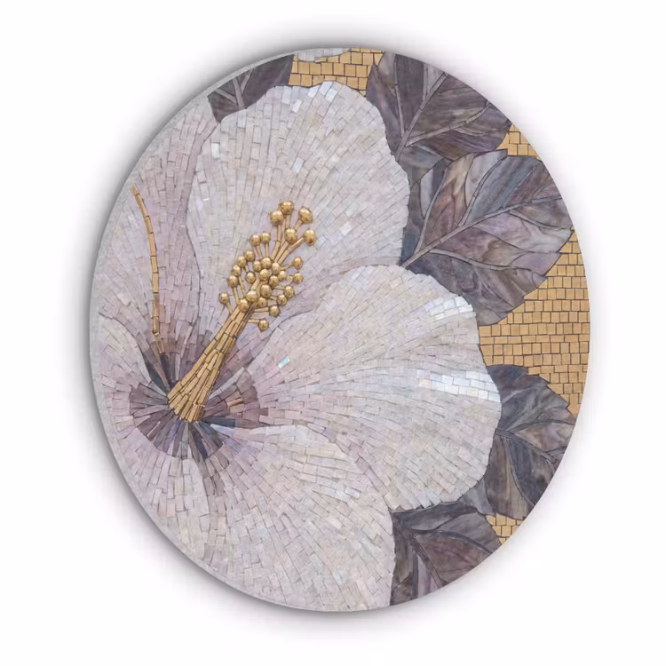 Bloemen - Mozaïek - Kunst - Modern - Goud Akoestische PET Vilt - Rond klein -3d