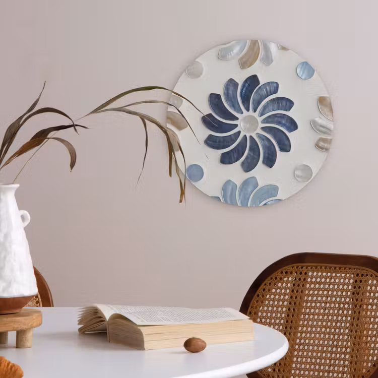 Bloemen - Parelmoer - Abstract - Patroon - Blauw Akoestische PET Vilt - Rond klein -sfeer3
