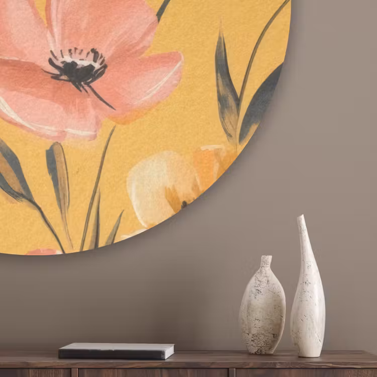 Bloemen - Geschilderd - Geel Akoestische PET Vilt - Rond klein -sfeer5_closeup