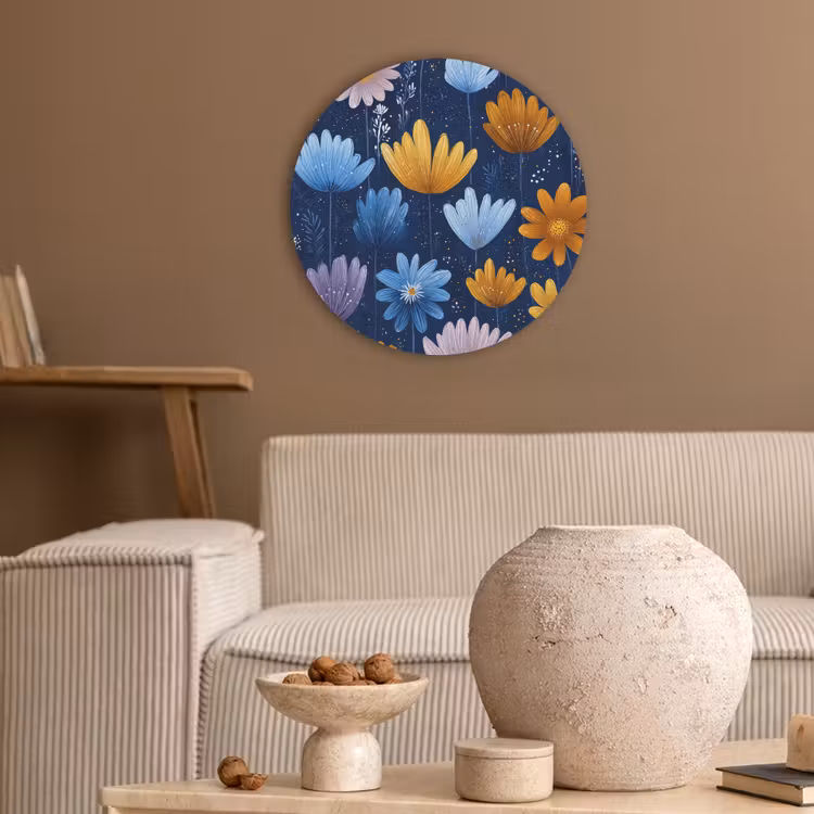 Bloemen - Patroon - Blauw - Contrast Akoestische PET Vilt - Rond klein -sfeer1