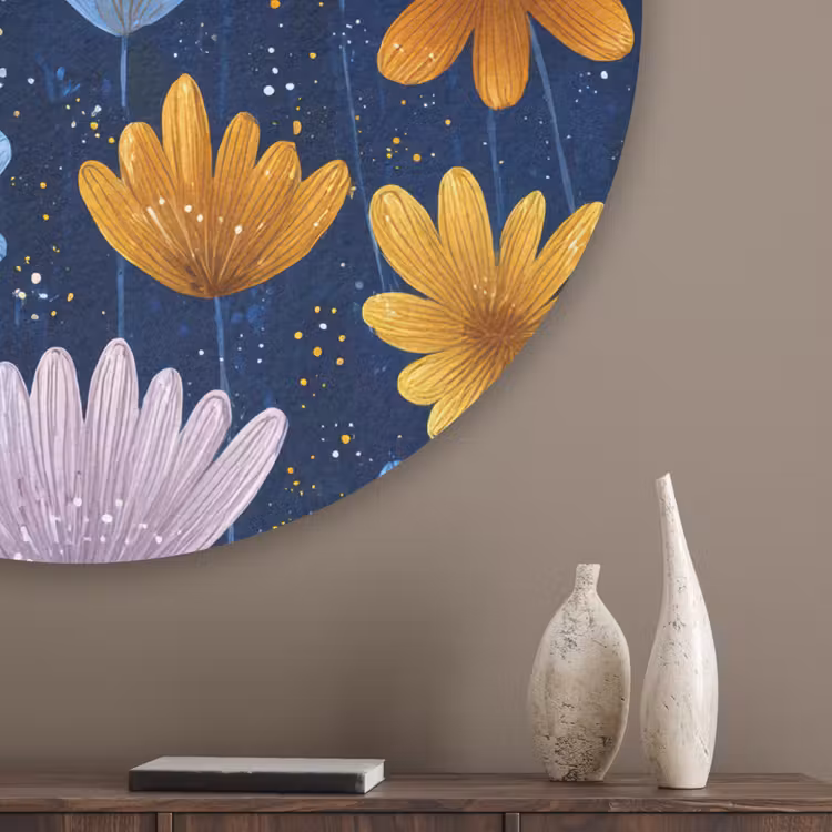 Bloemen - Patroon - Blauw - Contrast Akoestische PET Vilt - Rond klein -sfeer5_closeup