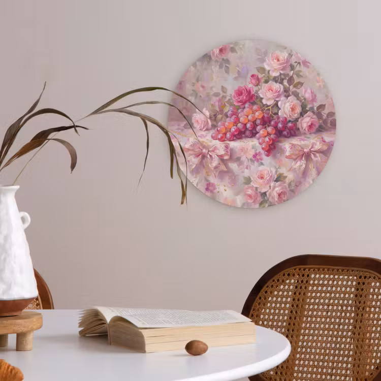 Eten - Bloemen - Stilleven - Roze - Goud Akoestische PET Vilt - Rond klein -sfeer3