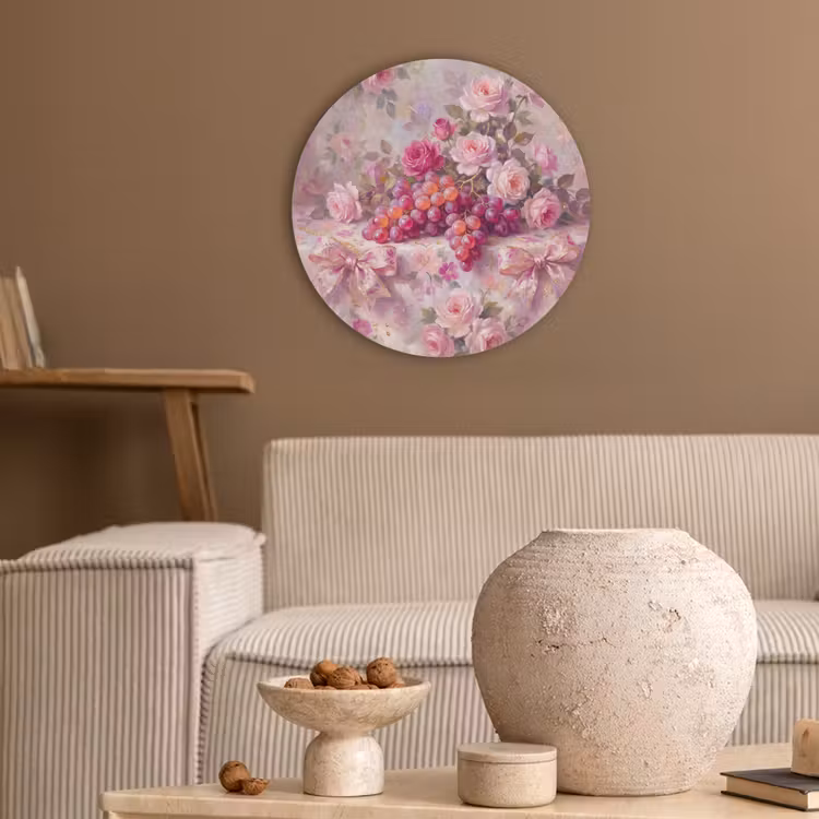 Eten - Bloemen - Stilleven - Roze - Goud Akoestische PET Vilt - Rond klein -sfeer1