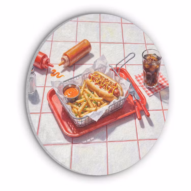 Eten - Hotdog - Fastfood - Modern - Rood Akoestische PET Vilt - Rond klein -3d
