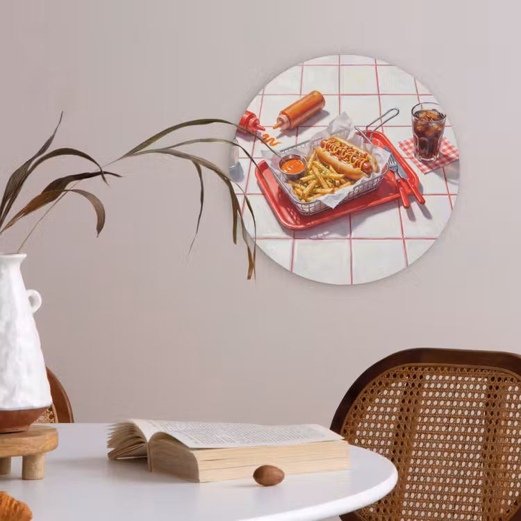Eten - Hotdog - Fastfood - Modern - Rood Akoestische PET Vilt - Rond klein -sfeer3
