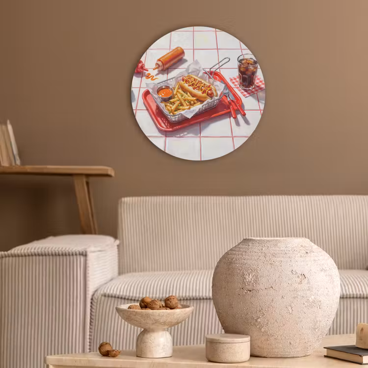 Eten - Hotdog - Fastfood - Modern - Rood Akoestische PET Vilt - Rond klein -sfeer1