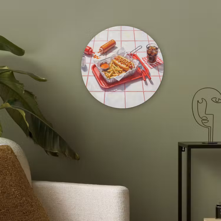 Eten - Hotdog - Fastfood - Modern - Rood Akoestische PET Vilt - Rond klein -sfeer2