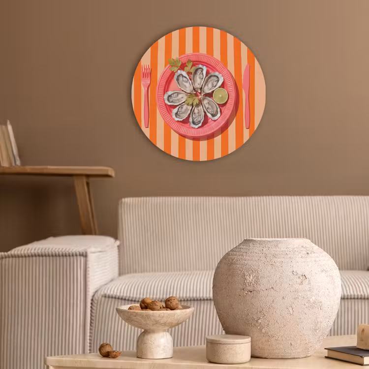 Eten - Oester - Zeevruchten - Oranje - Modern Akoestische PET Vilt - Rond klein -sfeer1
