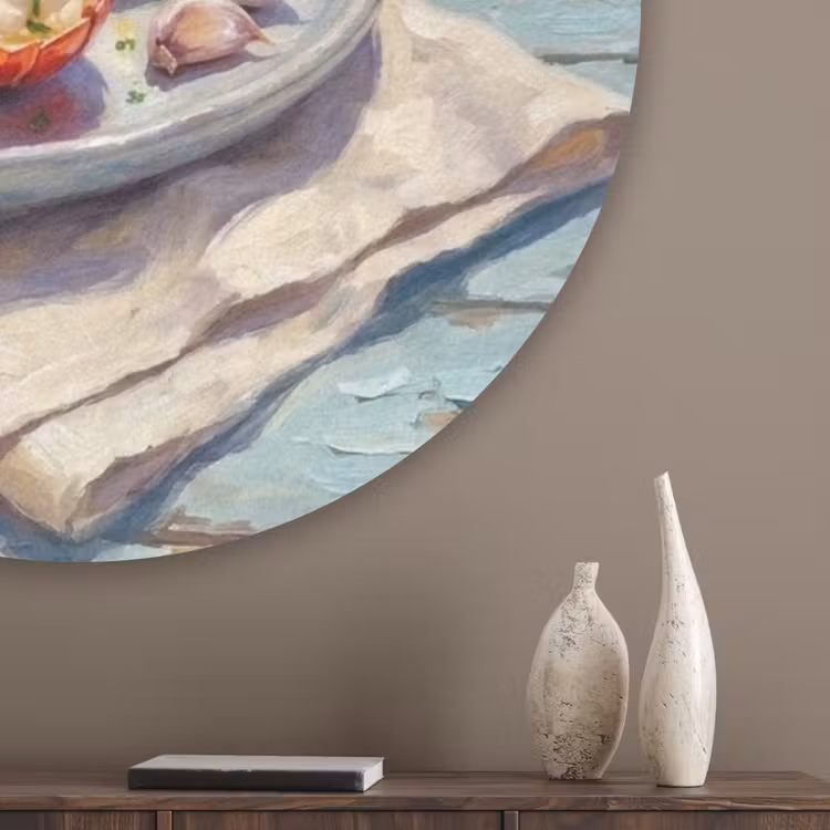 Eten - Zee - Kust - Modern - Blauw Akoestische PET Vilt - Rond klein -sfeer5_closeup
