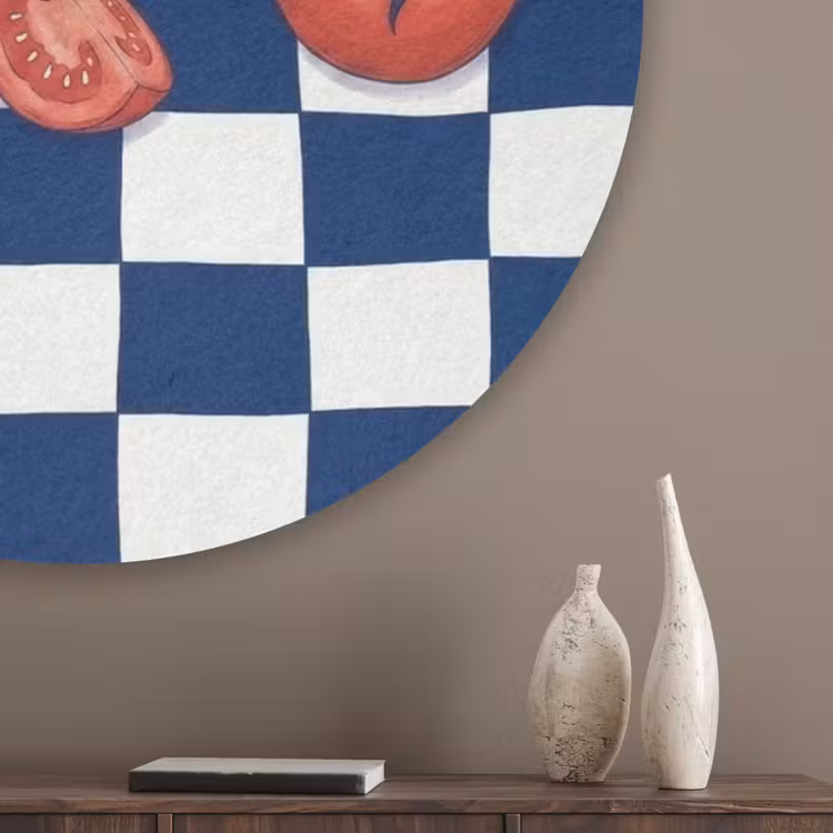 Eten - Tomaten - Keuken - Illustratie - Rood-Blauw Akoestische PET Vilt - Rond klein -sfeer5_closeup