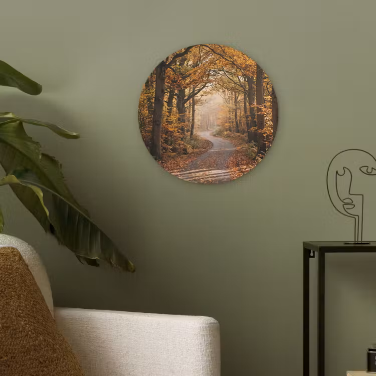 Bospad - Herfstbos - Bladeren - Oranje - Nostalgisch Akoestische PET Vilt - Rond klein -sfeer2