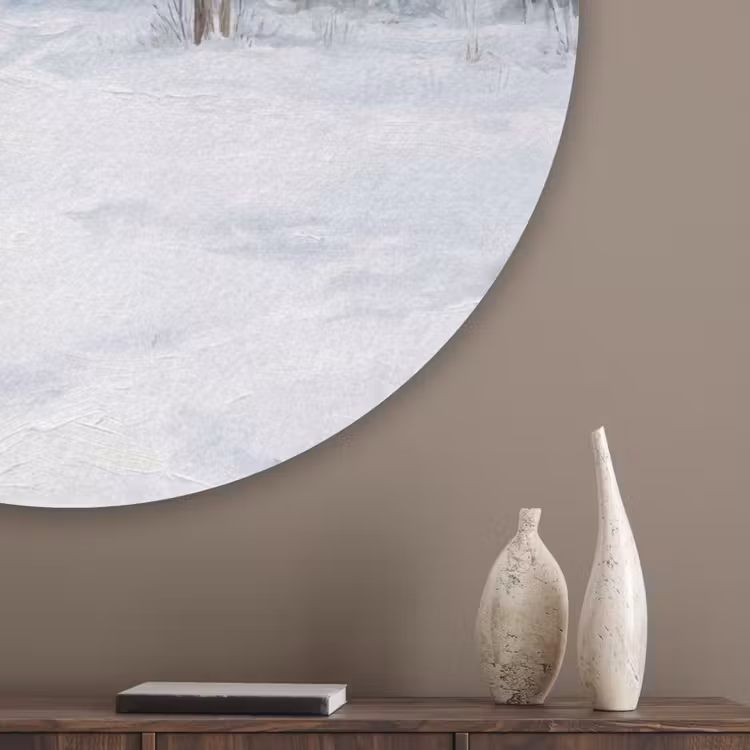 Bospad - Dennen - Sneeuw - Winter - Rustgevend Akoestische PET Vilt - Rond klein -sfeer5_closeup