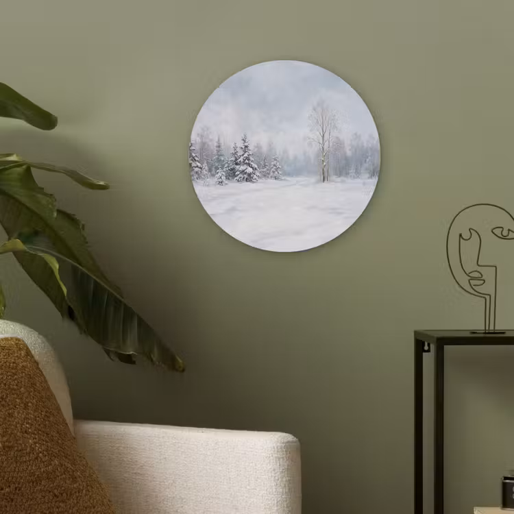 Bospad - Dennen - Sneeuw - Winter - Rustgevend Akoestische PET Vilt - Rond klein -sfeer2