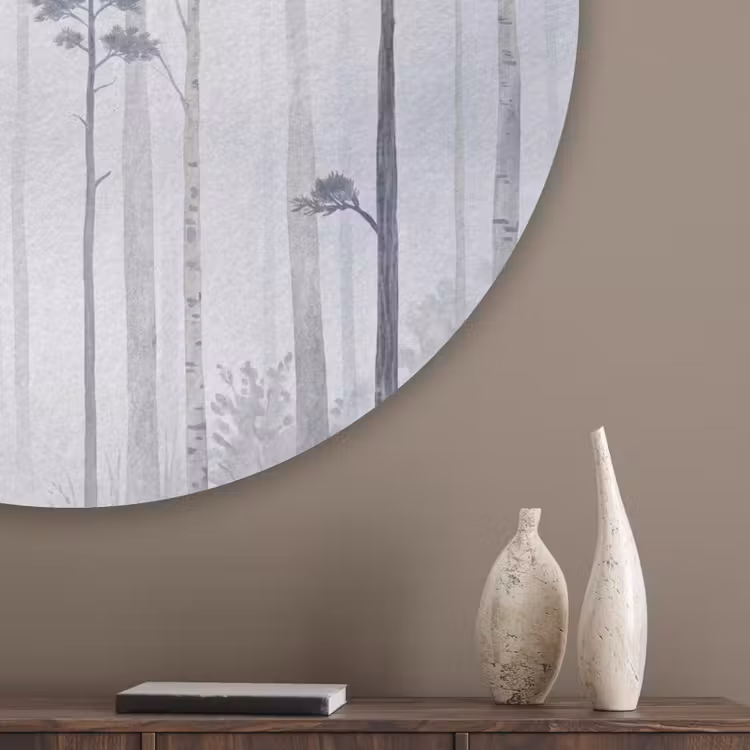 Bos - Bomen - Mist - Natuur - Illustratie - Grijs Akoestische PET Vilt - Rond klein -sfeer5_closeup