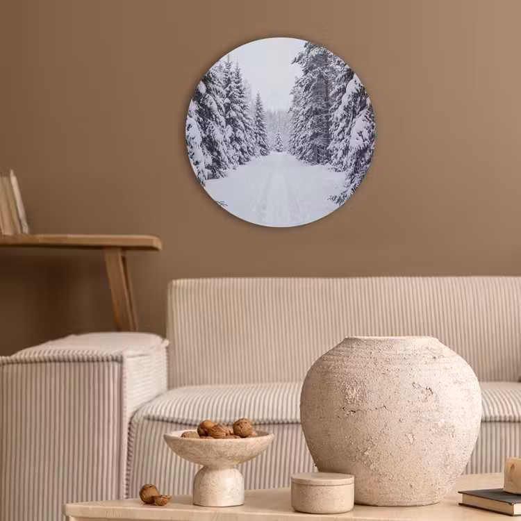 Bos - Winter - Sneeuw - Pad - Natuur Akoestische PET Vilt - Rond klein -sfeer1