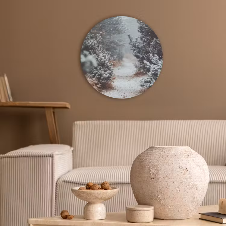 Bos - Winter - Bomen - Natuur - Pad - Sneeuw Akoestische PET Vilt - Rond klein -sfeer1