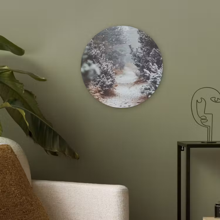 Bos - Winter - Bomen - Natuur - Pad - Sneeuw Akoestische PET Vilt - Rond klein -sfeer2