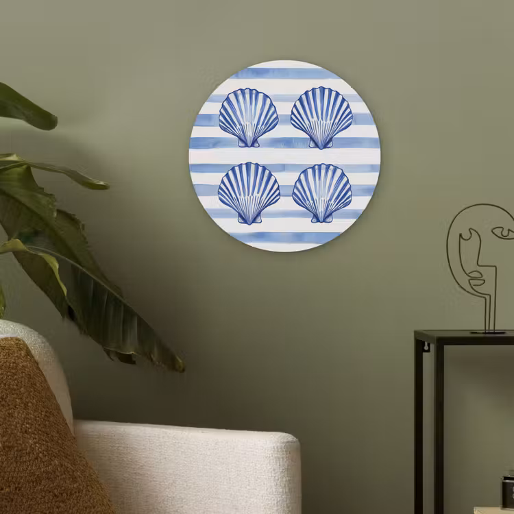 Vier schelpen - Blauw - Wit - Strepen Akoestische PET Vilt - Rond klein -sfeer2