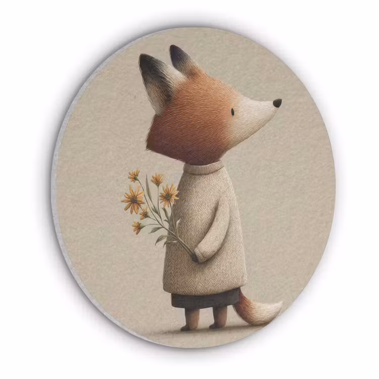 Vos - Gele bloemen - Minimalistisch Akoestische PET Vilt - Rond klein -3d