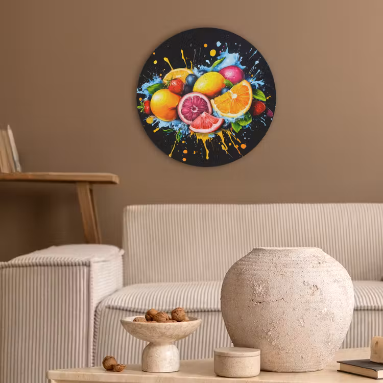 Fruit - Graffiti - Kleurrijk - Sinaasappel - Aardbei - Abstract Akoestische PET Vilt - Rond klein -sfeer1