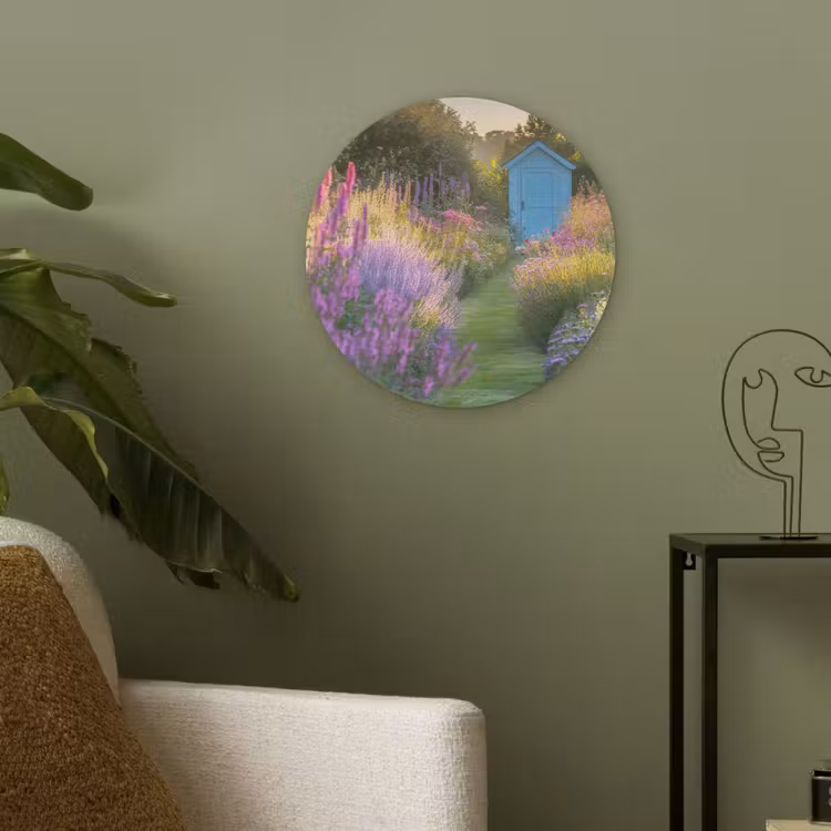 Tuinhuisje - Blauw - Bloemen Akoestische PET Vilt - Rond klein -sfeer2