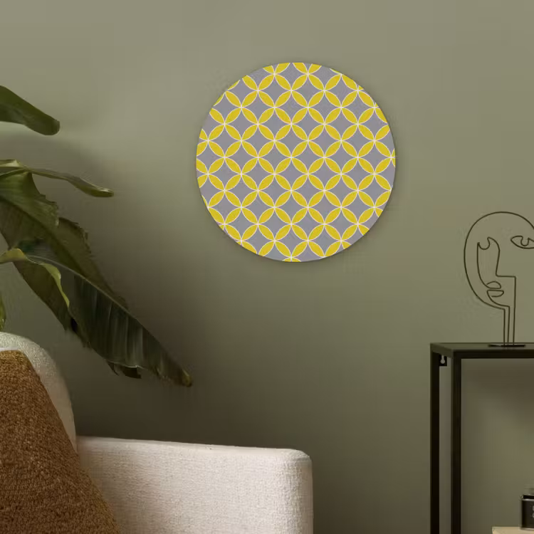 Geometrisch - Cirkels - Modern - Grijs - Geel Akoestische PET Vilt - Rond klein 838 -sfeer2
