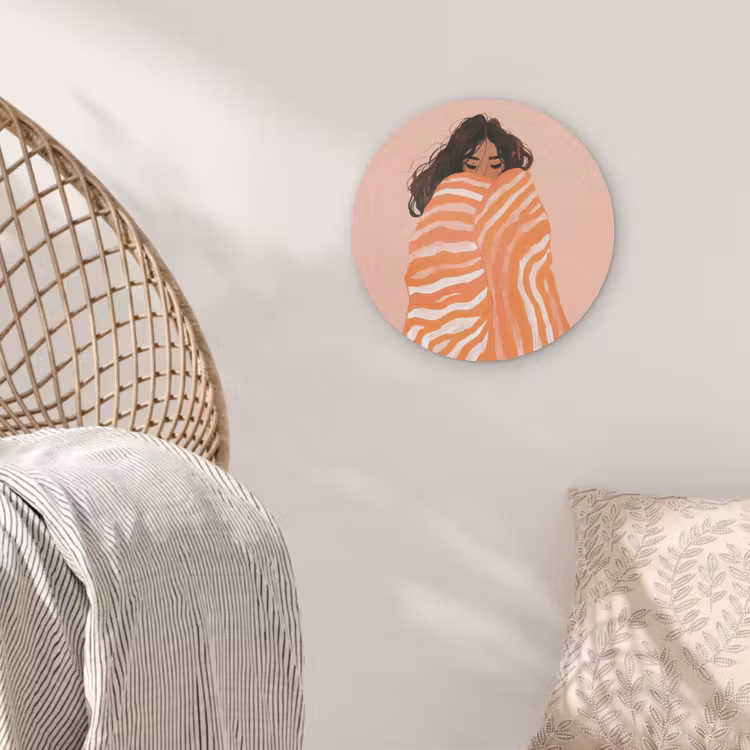 Meisje - Deken - Gestreept - Oranje Akoestische PET Vilt - Rond klein -sfeer4