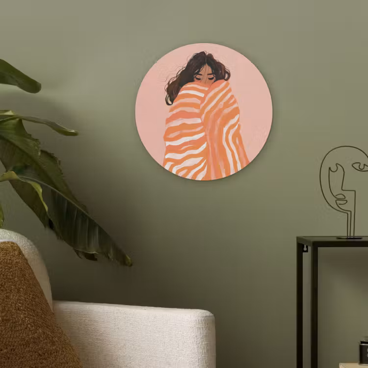 Meisje - Deken - Gestreept - Oranje Akoestische PET Vilt - Rond klein -sfeer2