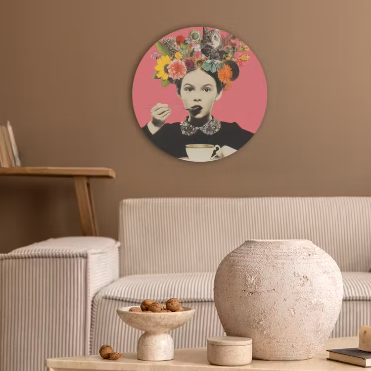 Meisje - Kopje - Bloemen - Roze Akoestische PET Vilt - Rond klein -sfeer1