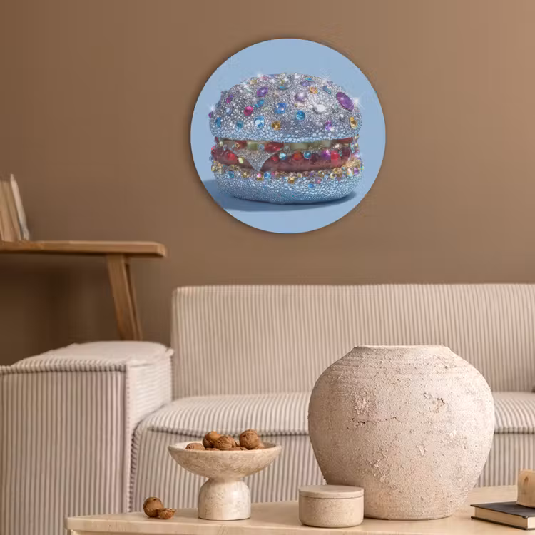 Glitters - Hamburger - Blauw Akoestische PET Vilt - Rond klein -sfeer1