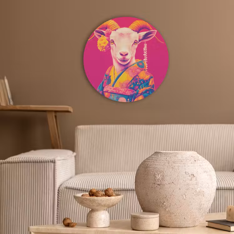 Geit - Hoorns - Kimono - Kleurrijk Akoestische PET Vilt - Rond klein -sfeer1