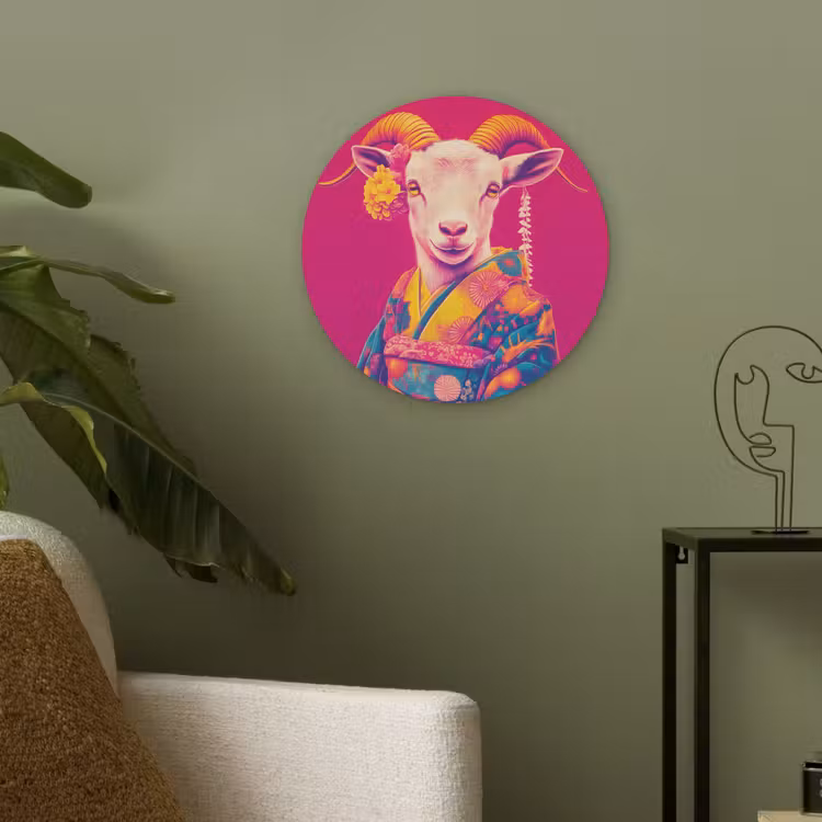 Geit - Hoorns - Kimono - Kleurrijk Akoestische PET Vilt - Rond klein -sfeer2
